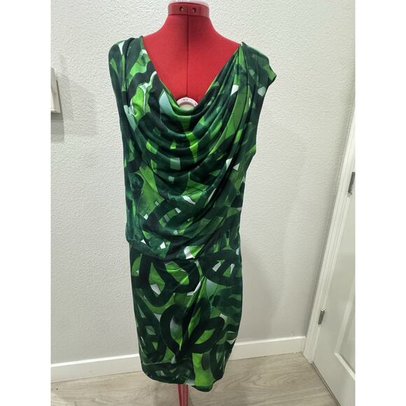 Green Abstract Print Sleeveless Dress Draped Cowl Neck Stylish - Picture 1 of 6